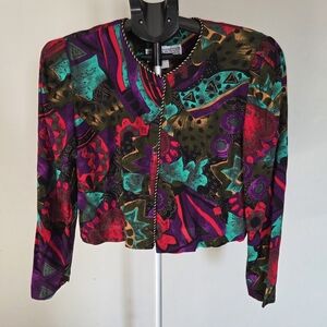 Vintage 80s Abstract Cropped Jacket Size 6 – Bold Geometric Art Print